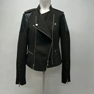 BCBGeneration Moto Jacket Coat Biker Faux Leather Zip Up Green Black Size Small